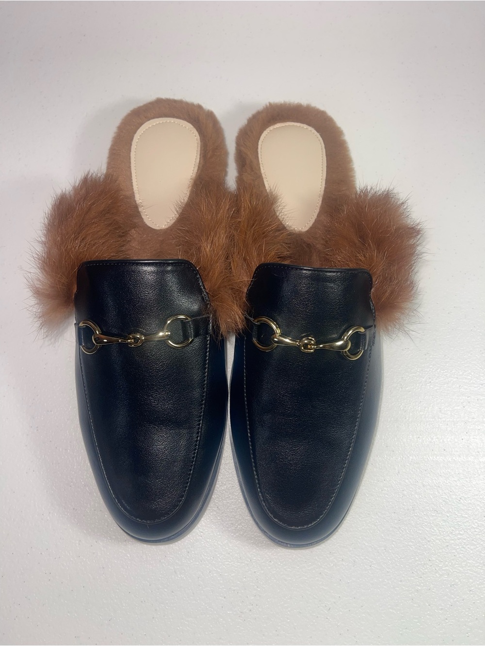 Faux-Fur Lined Black Leather Mule